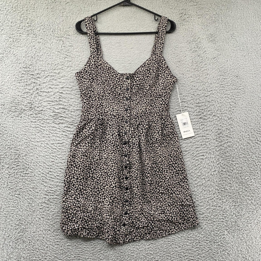 RVCA Juniper Dress Womens Large Black Floral Button Fit Flare Mini Sundress